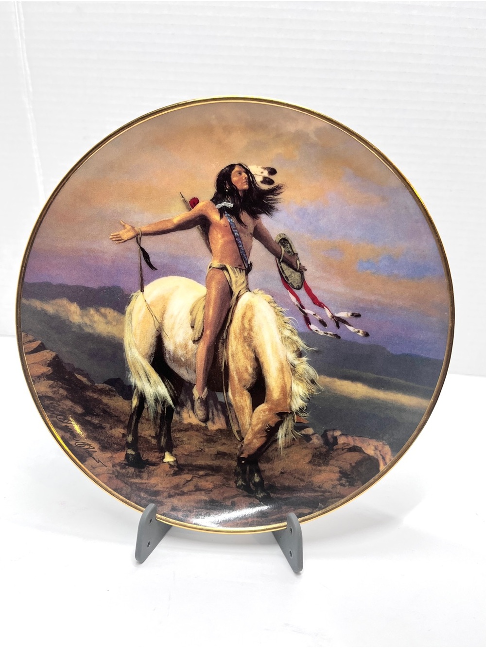 Decorative Collector Plate Featuring Native American on Horse - Earth Tones